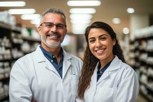 farmaceutisch verkopers glimlach in apotheek schappen foto