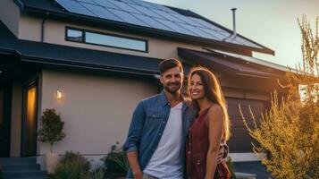 paar in voorkant van huis met zonne- panelen foto