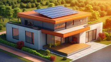 slim huis van de toekomst met zonne- panelen. concept van groen energie van de toekomst. ai gegenereerd foto