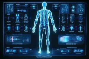 digitaal X straal beeld van menselijk lichaam tegen blauw achtergrond met vignet ai gegenereerd foto