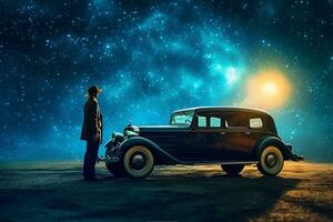 achterzijde visie van Mens op zoek Bij oud auto Aan nacht lucht achtergrond foto