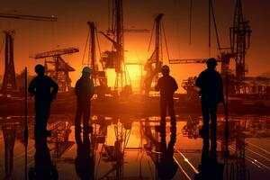 silhouet van bouw arbeiders in voorkant van een bouw plaats. ai gegenereerd foto