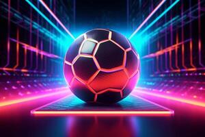 voetbal bal Aan de achtergrond van neon lichten. 3d illustratie ai generatief foto