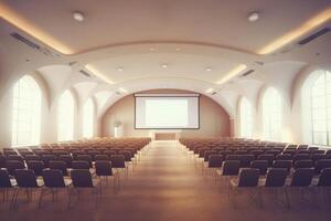 interieur van een lezing hal met rijen van stoelen en tafels. 3d renderen generatief ai foto