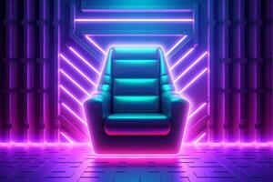 luxe fauteuil gloeiend neon interieur. 3d vector illustratie. ai gegenereerd foto