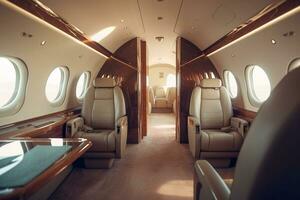 interieur van een privaat Jet. interieur van een privaat vlak. ai generatief foto