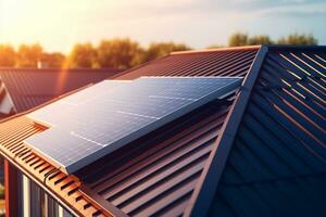 zonne- panelen geïnstalleerd Aan de dak van een huis. alternatief energie bron. ai gegenereerd foto
