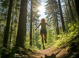 een vrouw rennen door een Woud haar gezicht gevulde met vreugde en opwinding, mentaal Gezondheid afbeeldingen, fotorealistisch illustratie foto