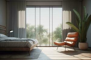 3d renderen luxe en modern slaapkamer suite in hotel met groot venster ai gegenereerd foto