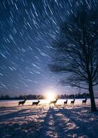 een lang blootstelling van een kudde van rendier rennen door een besneeuwd veld, Kerstmis afbeelding, tekenfilm illustratie kunst foto