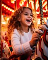 een dichtbij omhoog portret van een jong meisje rijden een snoep riet carrousel, Kerstmis afbeelding, fotorealistisch illustratie foto