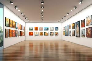 3d geven van modern kunst galerij interieur met schilderijen Aan de muur ai gegenereerd foto