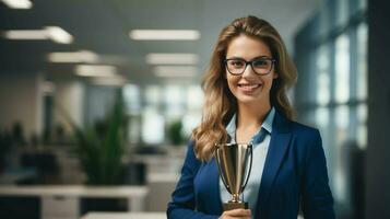 een trots vrouw werknemer houdt haar kantoor prestatie trofee, inspirerend uitmuntendheid Bij werk foto