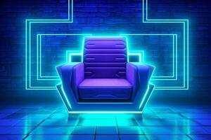 luxe fauteuil gloeiend neon interieur. 3d vector illustratie. ai gegenereerd foto