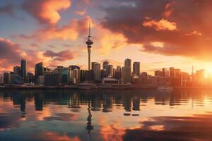 Toronto stad horizon Bij zonsondergang, ontario, Canada. kopiëren ruimte voor tekst ai gegenereerd foto