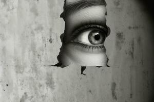 Dames oog piepen door gat in beton muur. zwart en wit. ai generatief foto