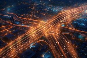 snelweg verkeer in de stad Bij nacht. 3d weergave. ai generatief foto