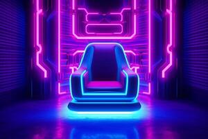 luxe fauteuil gloeiend neon interieur. 3d vector illustratie. ai gegenereerd foto