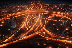 snelweg verkeer in de stad Bij nacht. 3d weergave. ai generatief foto