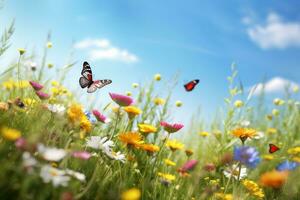 mooi vlinder Aan groen weide en blauw lucht. natuur achtergrond ai generatief foto