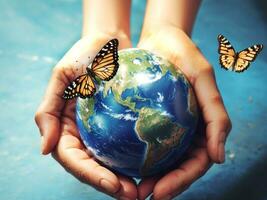 hand- Holding aarde met vlinder ai generatief foto