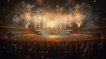 generatief ai, mensen menigte Aan muziek- rots festival concert in stadion, groot stadium lit door schijnwerpers. foto