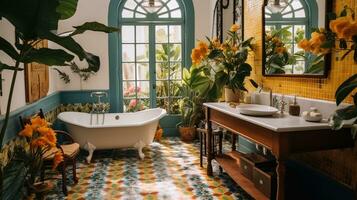 generatief ai, retro boho hotel badkamer, puerto rico stijl. helder kleuren en planten foto