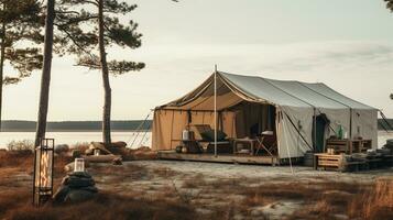 generatief ai, camping buitenshuis concept in neutrale gedempt kleuren, toerist kamp foto