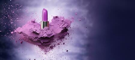 generatief ai, Purper lippenstift, poeder spatten en rook Aan Purper achtergrond. foto