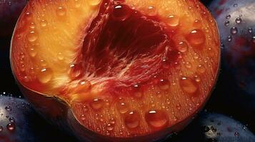 generatief ai, helder plak van sappig rijp Pruim en water druppels, macro van zomer fruit foto
