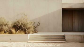 generatief ai, strand esthetisch villa huis en kust landschap, gedempt kleuren, minimalisme foto
