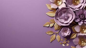 generatief ai, papier besnoeiing ambacht bloemen en gouden bladeren, licht Purper, digitaal lavendel kleur, bloemen origami getextureerde achtergrond, voorjaar humeur. foto