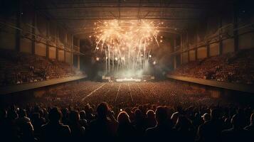 generatief ai, mensen menigte Aan muziek- rots festival concert in stadion, groot stadium lit door schijnwerpers. foto