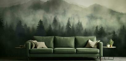 generatief ai, interieur ontwerp met bank, sofa en behang van Spar Woud mooi landschap in hipster wijnoogst retro stijl, mistig bergen en bomen. foto