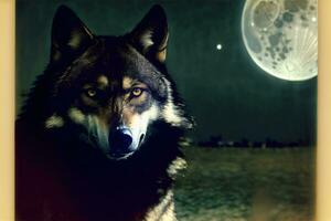 een wolf staren Bij de camera met een vol maan in de achtergrond. ai gegenereerd foto