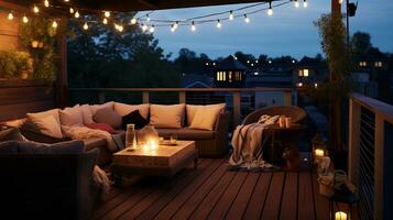 generatief ai, knus balkon in de avond met lantaarn, slinger en kaarsen. zacht banken en stoelen voor kom tot rust. Boheems ideeën foto