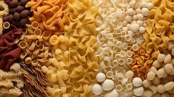 generatief ai, verscheidenheid van soorten, kleuren en vormen van Italiaans pasta, structuur achtergrond foto