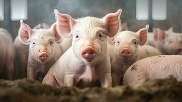 generatief ai, weinig varkens op zoek Bij de camera Aan een boerderij foto