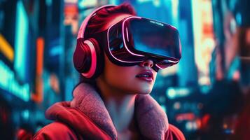 generatief ai, mooi vrouw in vr bril in neon ruimte straat, virtueel realiteit koptelefoon in cyberspace foto