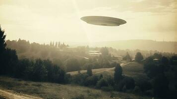 generatief ai, ufo over- de Italiaans landschap wijnoogst foto, buitenaardse wezens getuigen retro Jaren 30 stijl fotografie foto