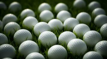 generatief ai, dichtbij omhoog golf ballen Aan groen gras, golf Cursus achtergrond foto