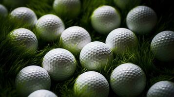 generatief ai, dichtbij omhoog golf ballen Aan groen gras, golf Cursus achtergrond foto
