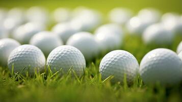 generatief ai, dichtbij omhoog golf ballen Aan groen gras, golf Cursus achtergrond foto