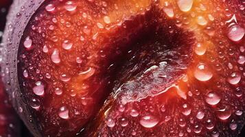 generatief ai, helder plak van sappig rijp Pruim en water druppels, macro van zomer fruit foto