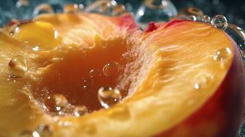 generatief ai, helder plak van sappig rijp perzik en water druppels, macro van zomer fruit foto