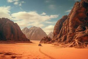 generatief ai, uit weg auto het rijden Aan een kronkelend berg woestijn weg, omringd door adembenemend keer bekeken van de robuust terrein foto
