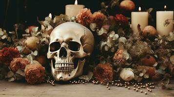 generatief ai, halloween achtergrond met schedel, bloemen en veren in boho stijl, gedempt neutrale kleuren, huis decoratie foto