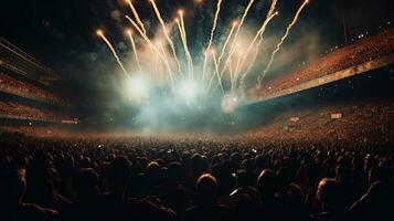 generatief ai, mensen menigte Aan muziek- rots festival concert in stadion, groot stadium lit door schijnwerpers. foto