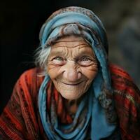 generatief ai, detailopname van ouderen glimlachen vrouw, geluk kijken foto