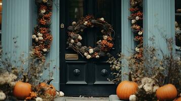 generatief ai, halloween en dankzegging decoratie voor huis en viering concept, pompoenen en planten, herfst achtergrond foto